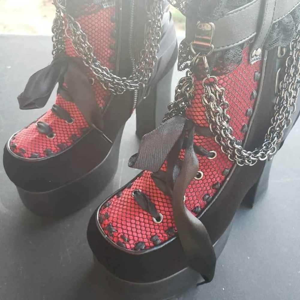 Demonia Red and Black Chain Heeled Boots